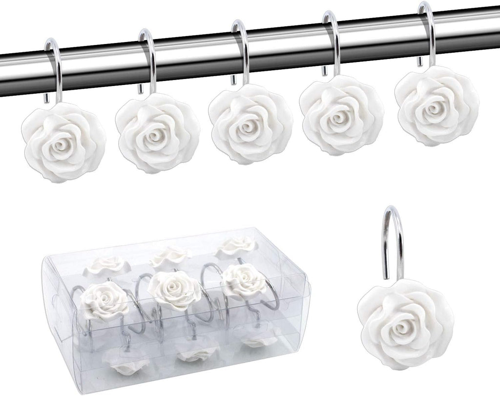 Shower Curtain Hooks, Home Decorative Rustproof Shower Curtain Hooks Resin Rose Flower Shower Hooks Rings for Bathroom Shower Rods Curtains,Set of 12 Hooks (White)