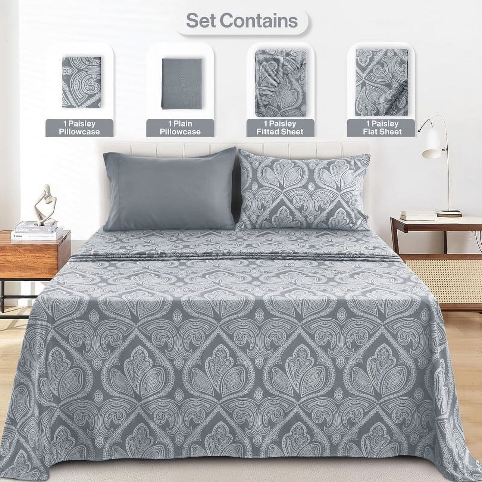 4 Piece Twin XL Bed Sheets Set - Luxury Soft Microfiber Bed Sheets Set Deep Pocket - Twin XL, Grey