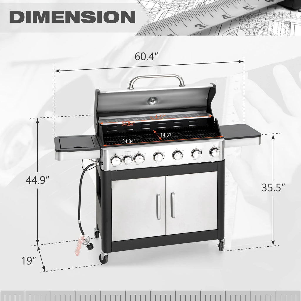 Stainless Steel 6-Burner Propane Gas Grill with Side Burner