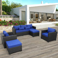 Outdoor Wicker Furniture Couch Set 5 Pieces Patio Furniture Sectional Sofa with Royal Blue Cushions and Waterproof Covers
