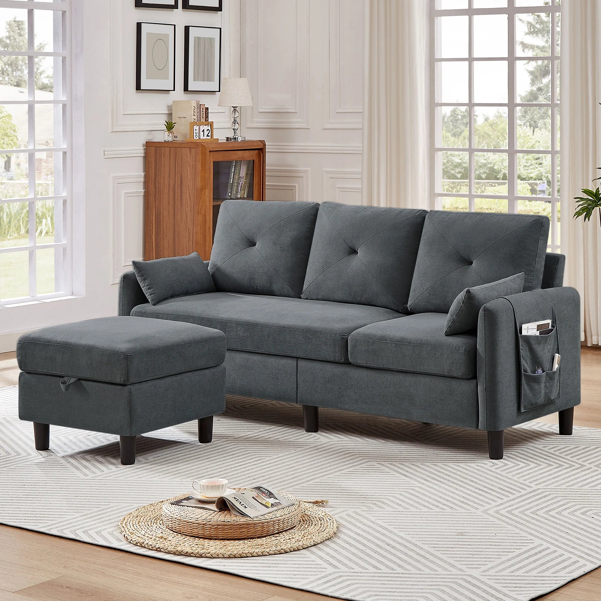 Convertible Sectional Sofa L Shaped Sofa Modern Fabric 3 Seat Couch with Reversible Storage Ottoman and Side Storage Pocket for Living Room Office Apartment Studio