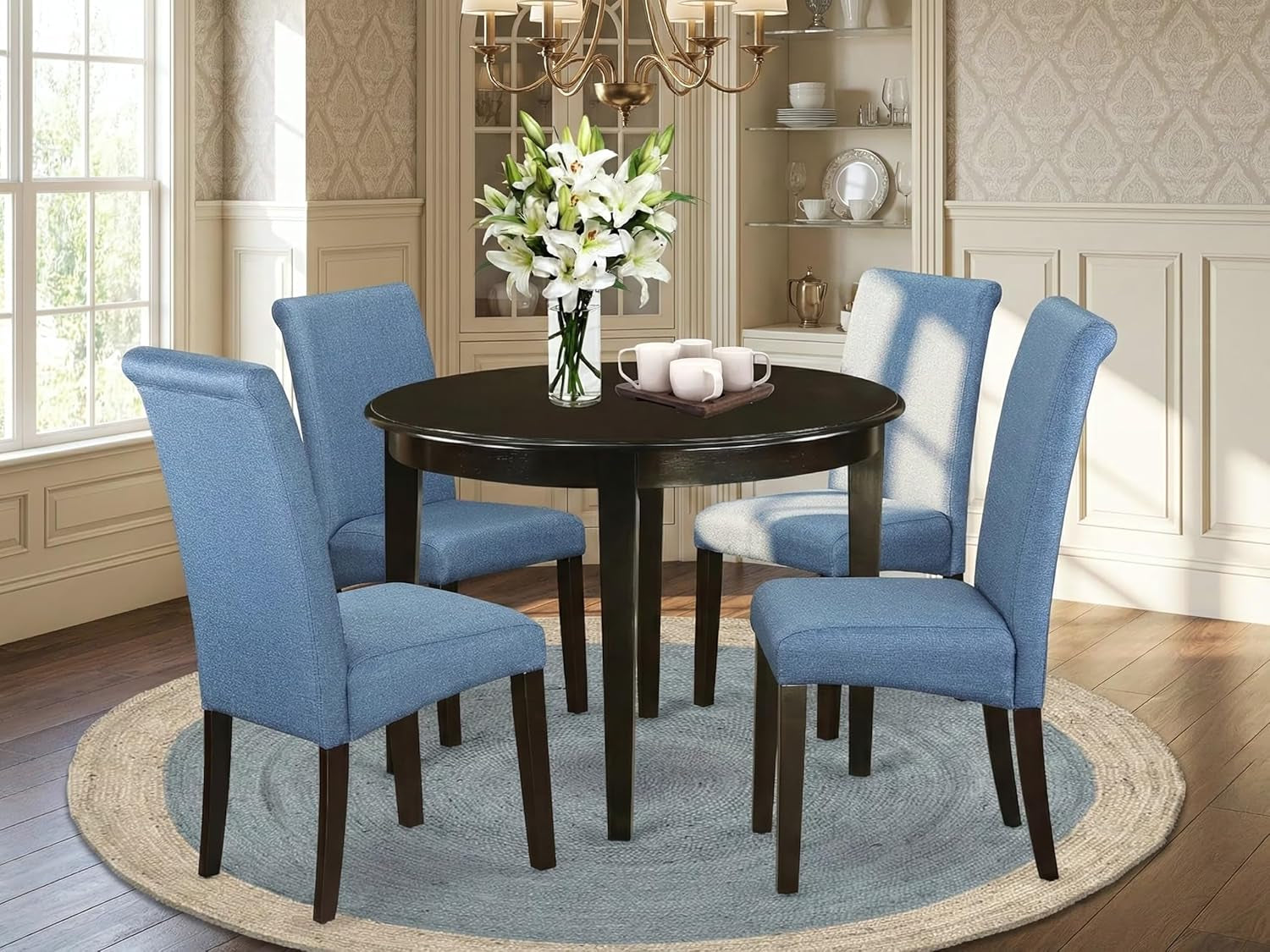 BOBA5-CAP-21 5 Piece Kitchen Table & Chairs Set Includes a round Dining Room Table and 4 Blue Color Linen Fabric Parsons Dinette Chairs, 42X42 Inch, Cappuccino