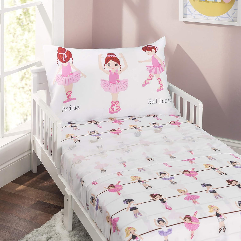 4 Piece Toddler Bedding Set -Born to Dance Ballerina- Includes Comforter, Flat Sheet, Fitted Sheet and Reversible Pillowcase
