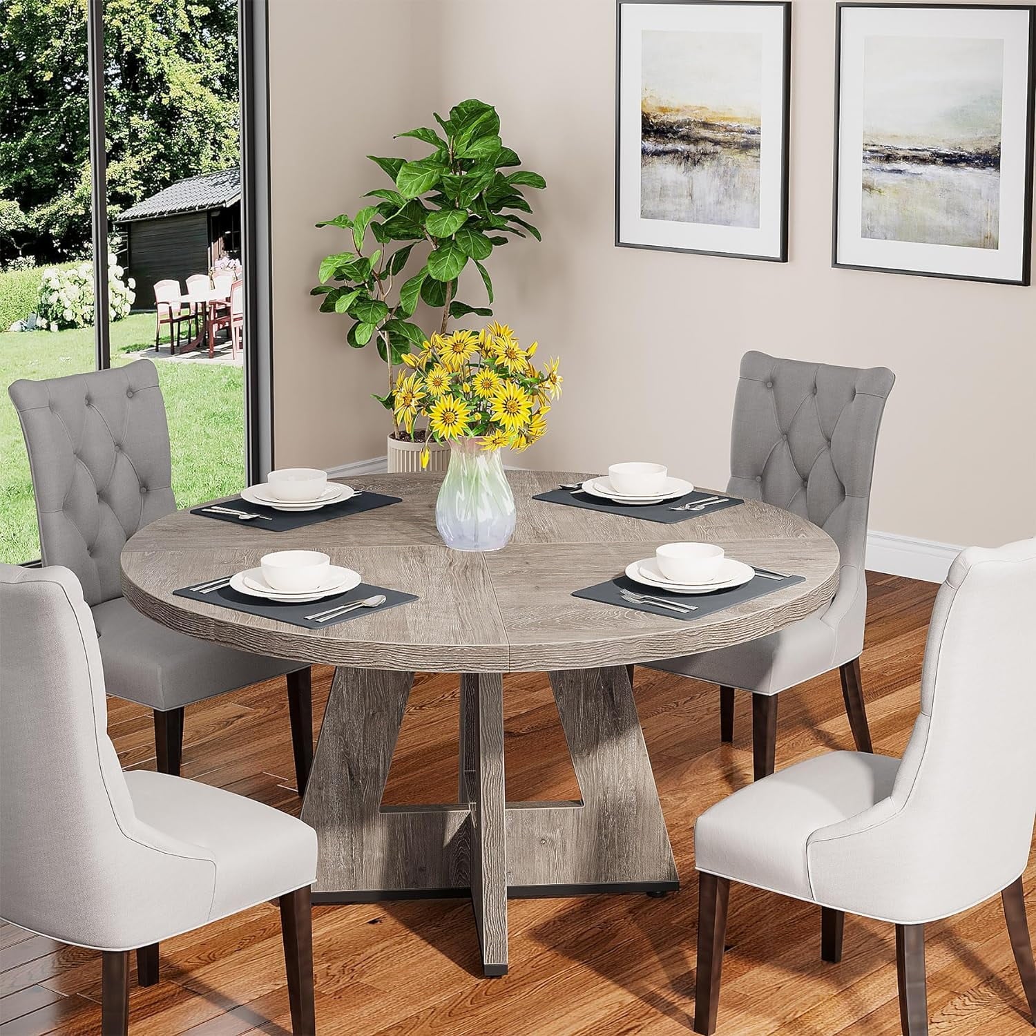 Tribesigns round Dining Table for 4, Grey Kitchen Table 47 Inch Farmhouse Wood Kitchen Dinning Table for Kitchen Living Room