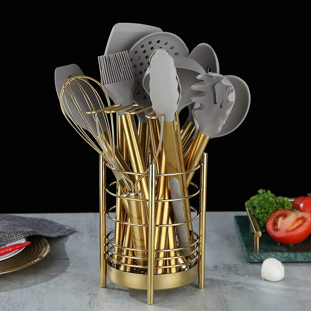 Gold 38 Pieces Silicone Kitchen Utensils Set with Sturdy Stainless Steel Utensil Holder