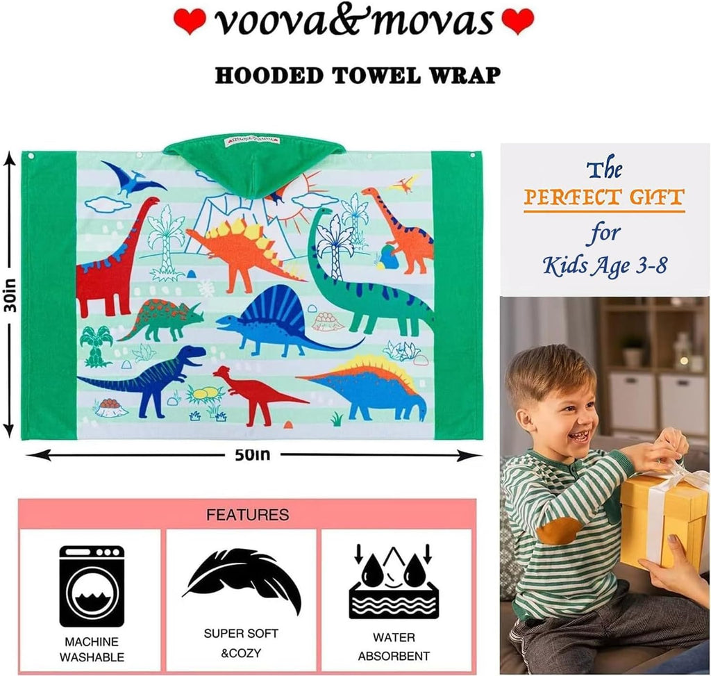 Dinosaur Hooded Beach Towel for Kids Age 3-8, Large 30"X50" 100% Cotton Ultra Absorbent Wearable Wrap, Bath Towel for Beach Pool Swim, Birthday Gift for Kids
