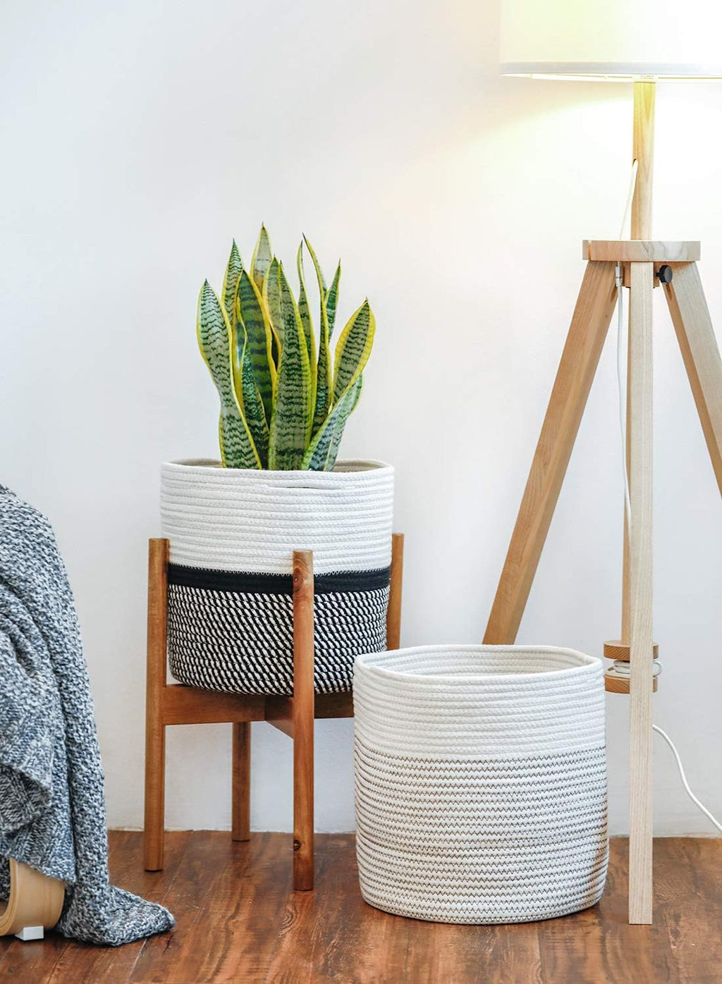 12"X12" Storage Basket Bin Organizer, Sturdy Indoor Floor Planter with Handle, Woven Baskets for up to 11" Flower Pot Plant, Flower, White Black Stripes