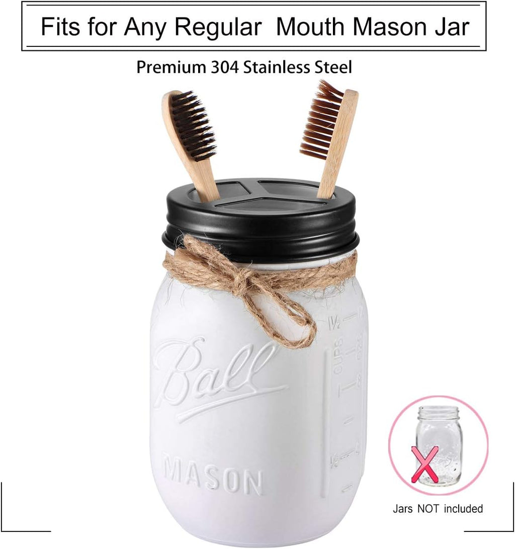 Mason Jar Bathroom Accessories Lids Set(4Pcs) - Jars Not Included - Soap Dispenser,Toothbrush Holder, Apothecary Jars Lids for Regular Mouth Mason Jars - Rustproof Stainless Steel，Black