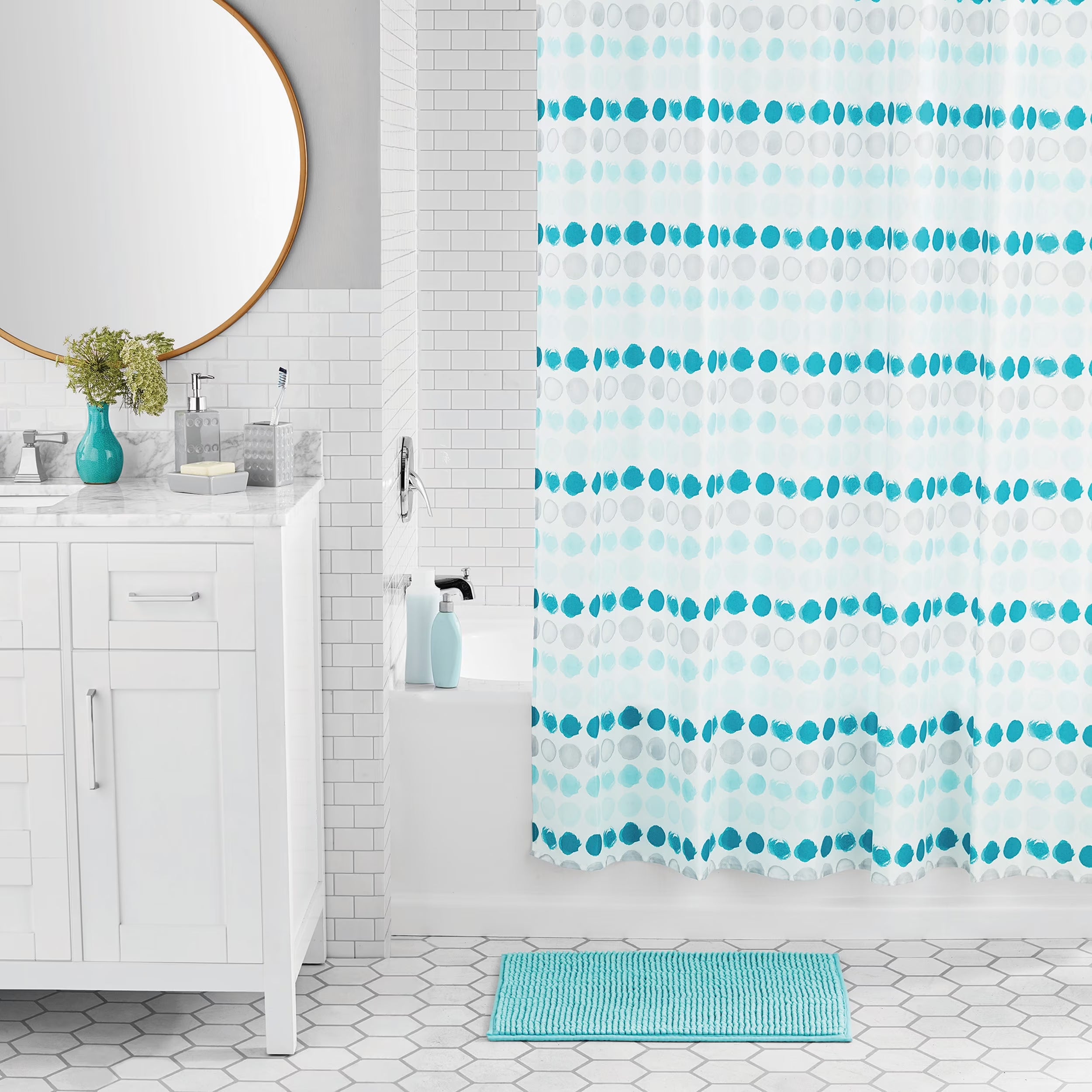 17-Piece Polka Dot Polyester/Ceramic Shower Curtain & Bathroom Accessory Set, Multi-Color