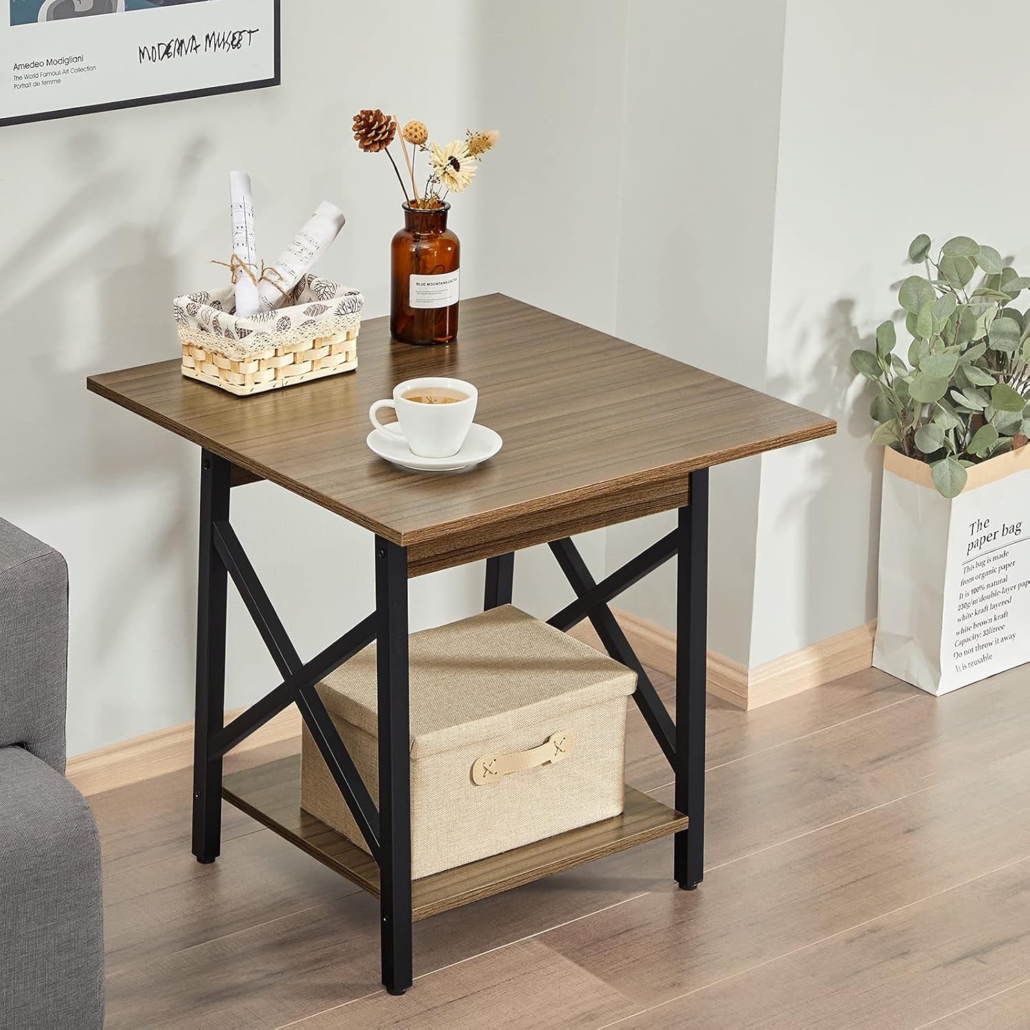 End Table Large 24 Inch Farmhouse Industrial Design Side Table Nightstand with Storage Shelf for Living Room, Easy Assembly, Espresso