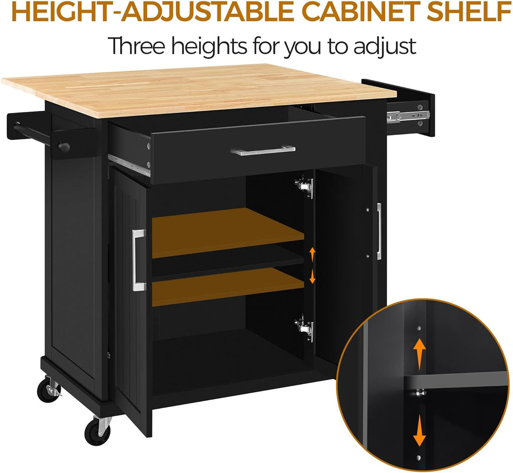 Rolling Kitchen Island Cart with Drop Leaf, Portable Rubberwood Breakfast Bar with Storage Cabinet, Open Shelves & Detachable Towel, 2 Drawers, Black