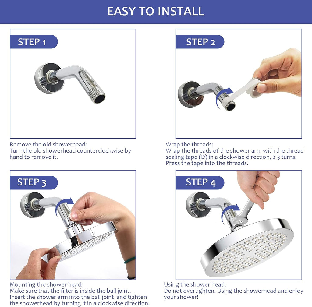 High Pressure Shower Head, 6Inch High Flow Rain Shower Head, Anti-Clogging Silicone Nozzles, High Flow Rainfall Shower Head