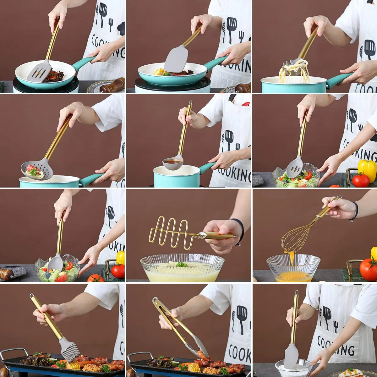Gold 38 Pieces Silicone Kitchen Utensils Set with Sturdy Stainless Steel Utensil Holder