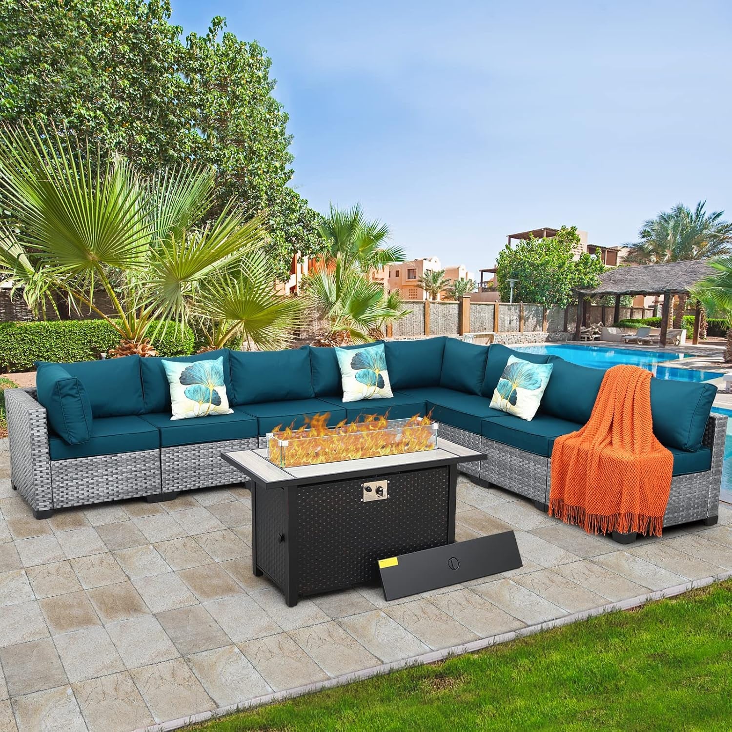Outdoor Sectional Patio Furniture 45 in Fire Pit 9-Piece Patio Sectional Outdoor Furniture 60000 BTU Steel Propane Fire Pit Table Glass Wind Guard No-Slip 5" Cushions Waterproof Covers, Peacock Blue