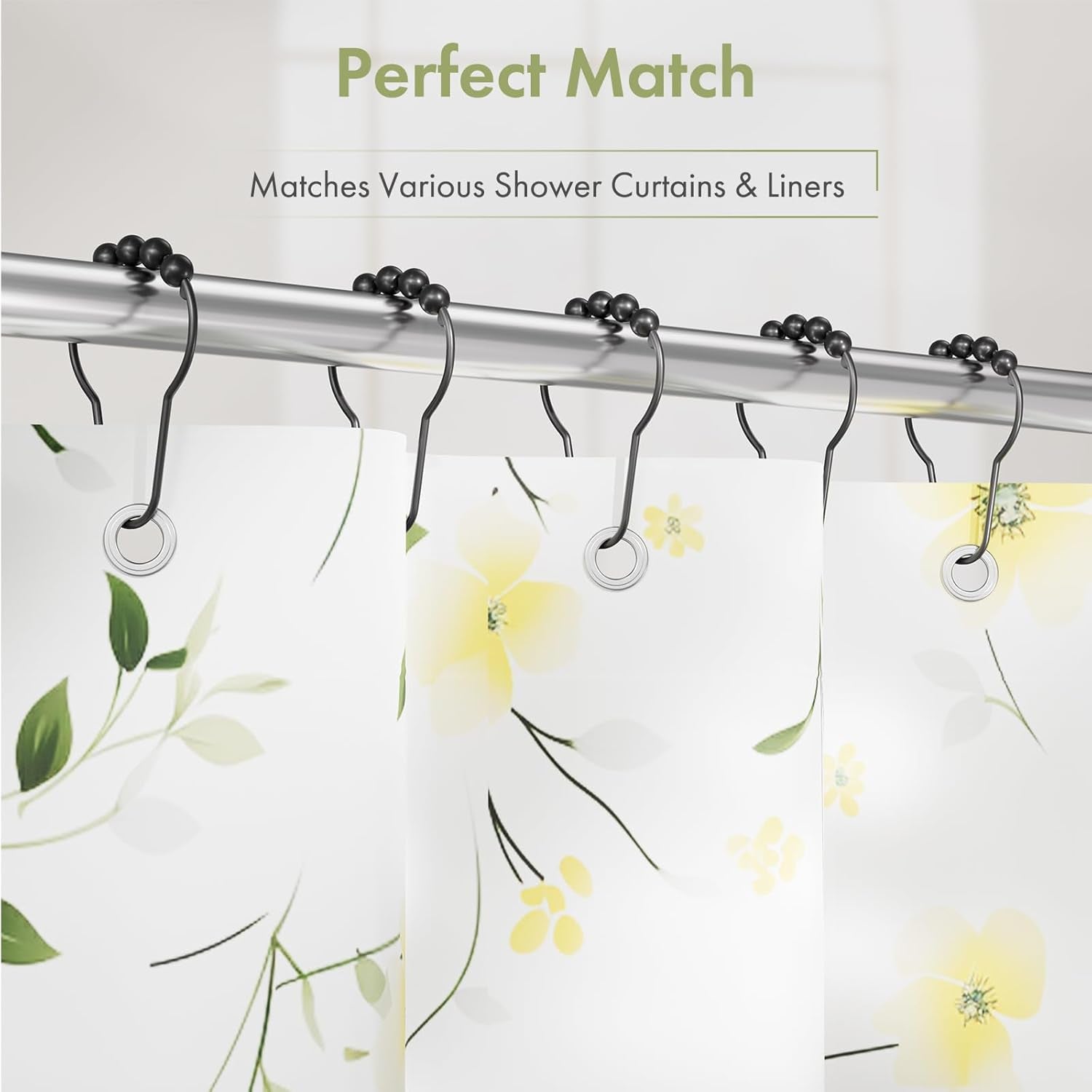 Black Shower Curtain Hooks, Decorative Shower Curtain Hooks, Shower Hooks for Shower Curtain Rust Proof Stainless Steel Shower Curtain Hooks Set of 12