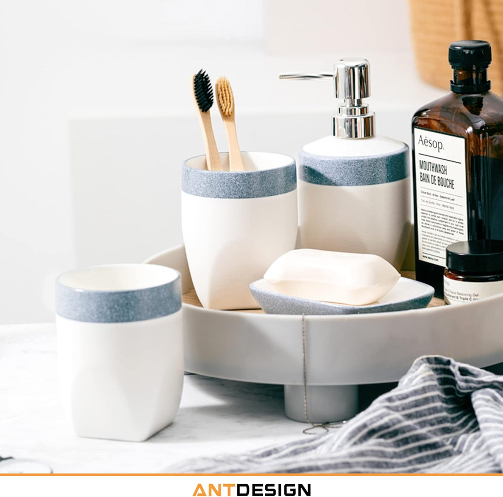 Ceramic Bathroom Accessory Set 5 Pcs, Including Hand Pump Soap Dispenser, Soap Dish, Toothbrush Holder and Vase,For Modern Bathroom Décor