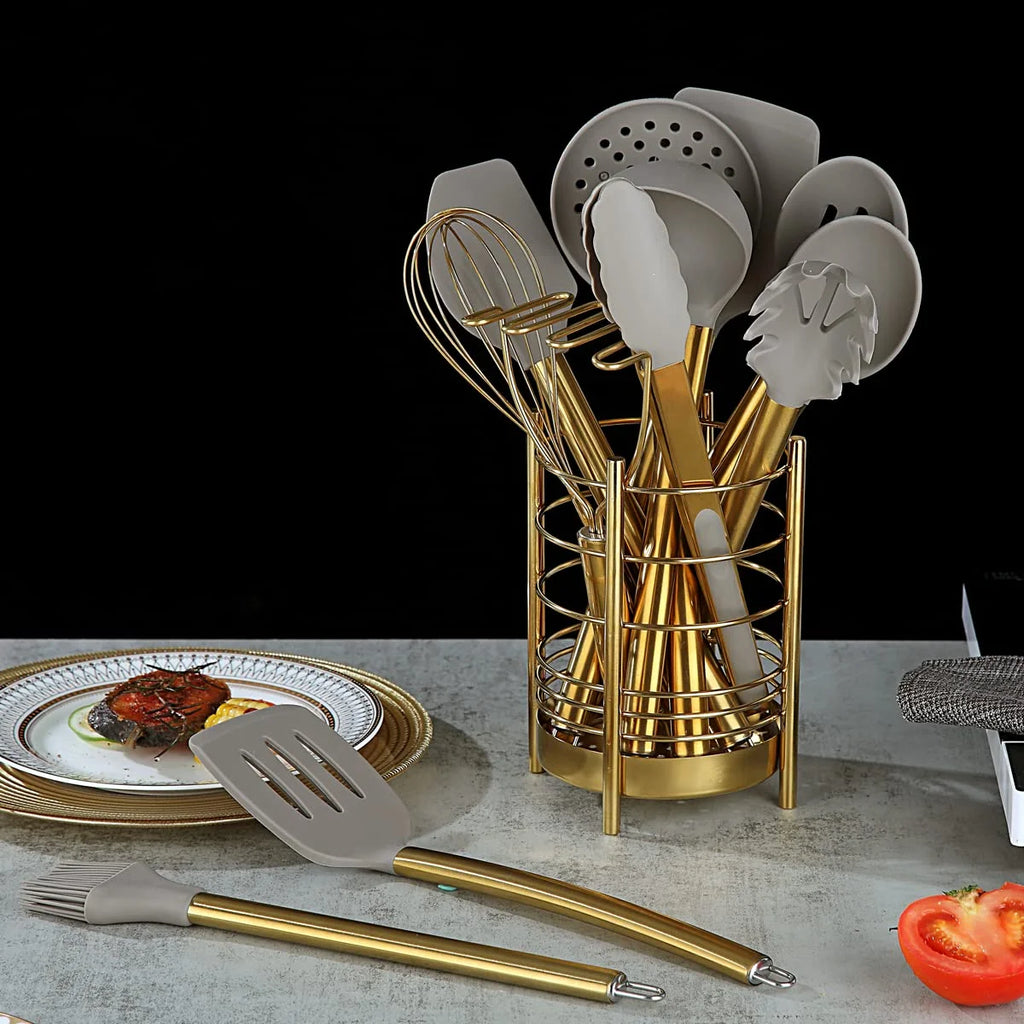Gold 38 Pieces Silicone Kitchen Utensils Set with Sturdy Stainless Steel Utensil Holder
