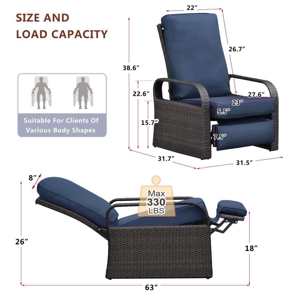 Wicker Outdoor Patio Adjustable Recliner Chair with Navy Blue Cushion