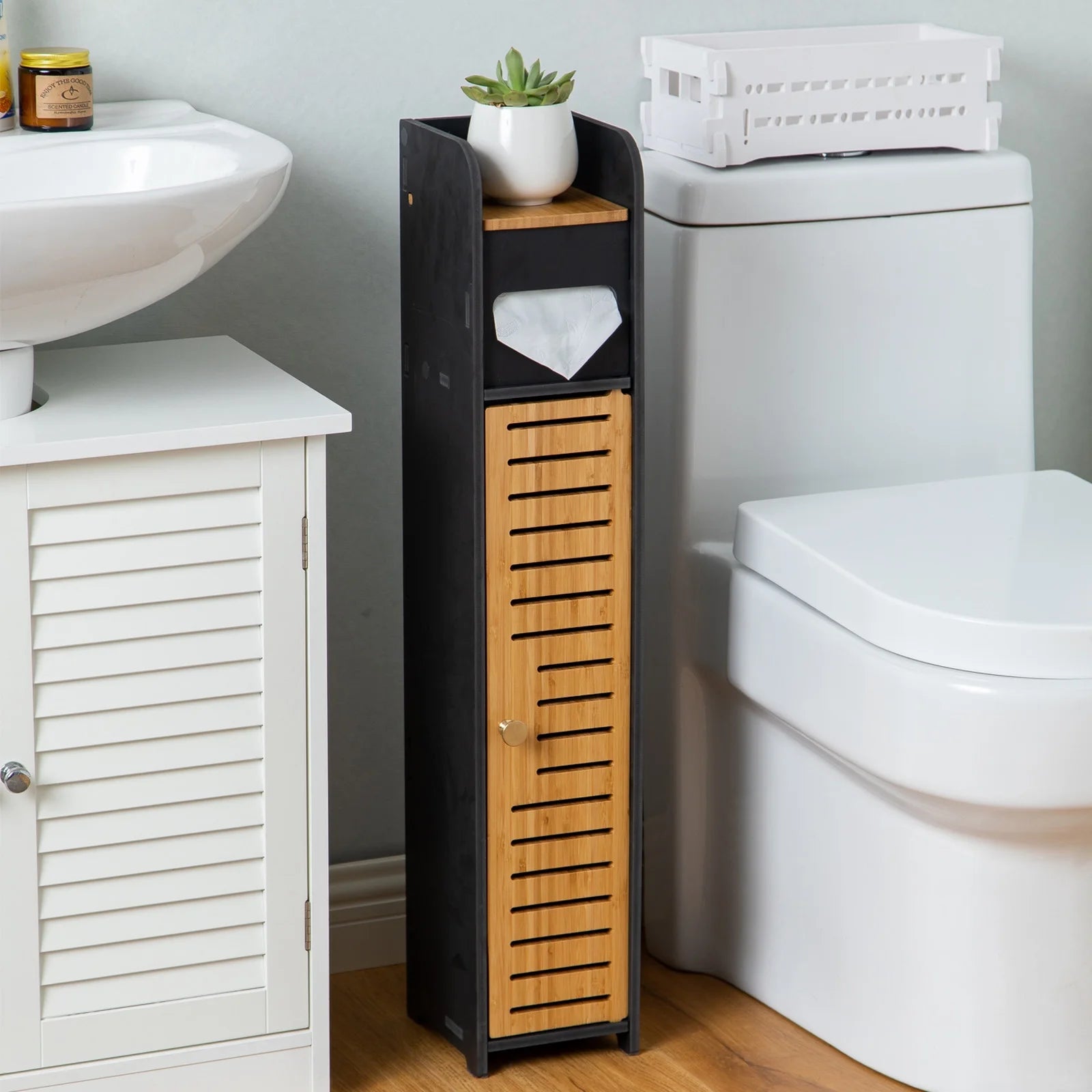 Toilet Paper Stand,Toilet Paper Holder Stand beside Toilet Storage for Bathtroom Storage,Narrow Bathroom Cabinet for Small Space,Black by