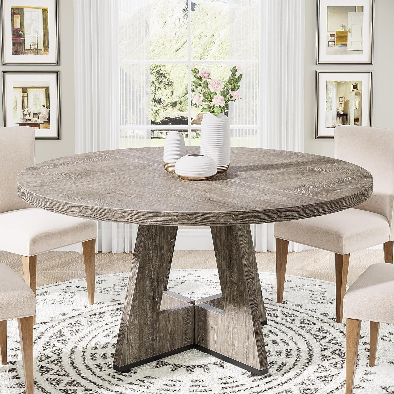 Tribesigns round Dining Table for 4, Grey Kitchen Table 47 Inch Farmhouse Wood Kitchen Dinning Table for Kitchen Living Room