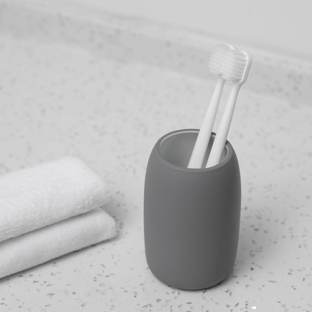 Ceramic Stoneware Bath Accessories 3-Piece Set, Grey – Soap Pump Dispenser, Tumbler, and Accessory Tray