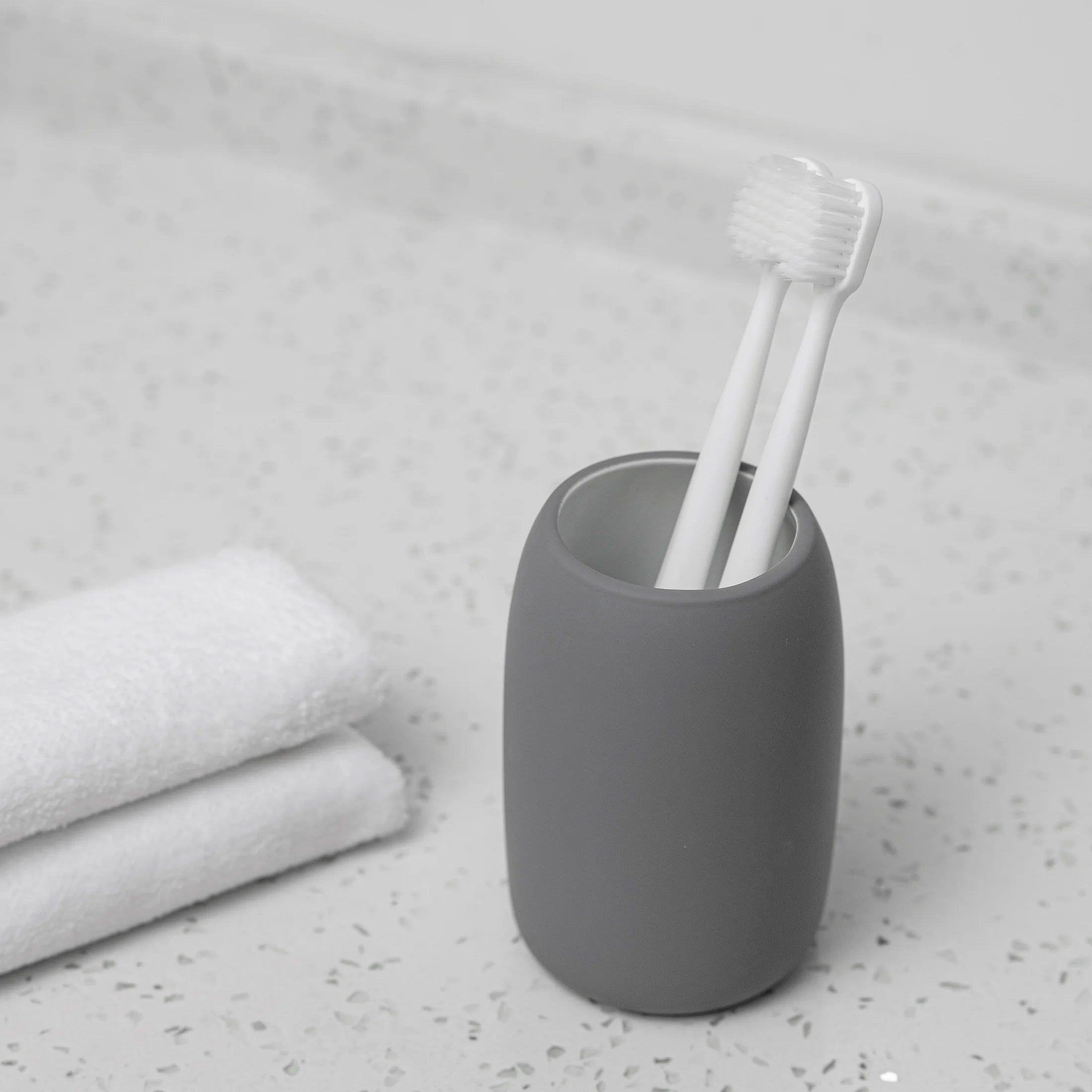 Ceramic Stoneware Bath Accessories 3-Piece Set, Grey – Soap Pump Dispenser, Tumbler, and Accessory Tray