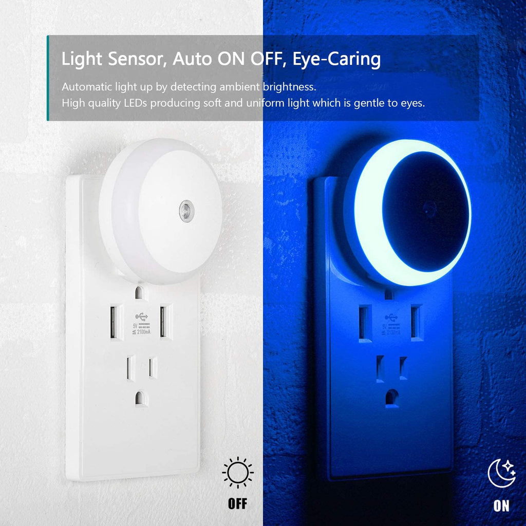LED Night Light Blue, Light Sensor, Calm Blue Light, Easy on Eyes, Decorative, Night Light Plug into Wall for Bedroom, Bathroom, Kitchen, Hallways, Rooms for Kids, Baby, Children, 2 Pack
