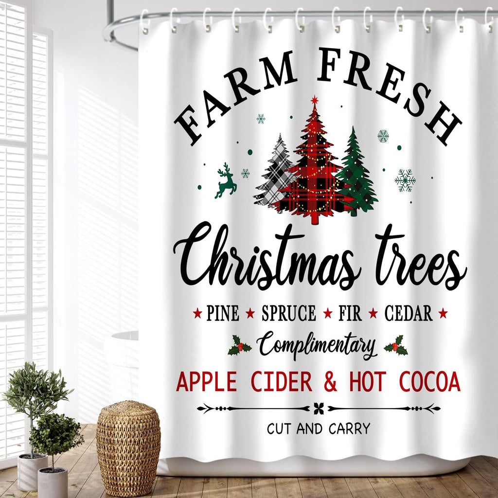 Christmas Shower Curtain, Xmas Shower Curtains, Pine Tree Shower Curtain Set, Waterproof Christmas Bathroom Decor, Merry Shower Curtain, Farm Christmas Tree, 72''W X 72''H