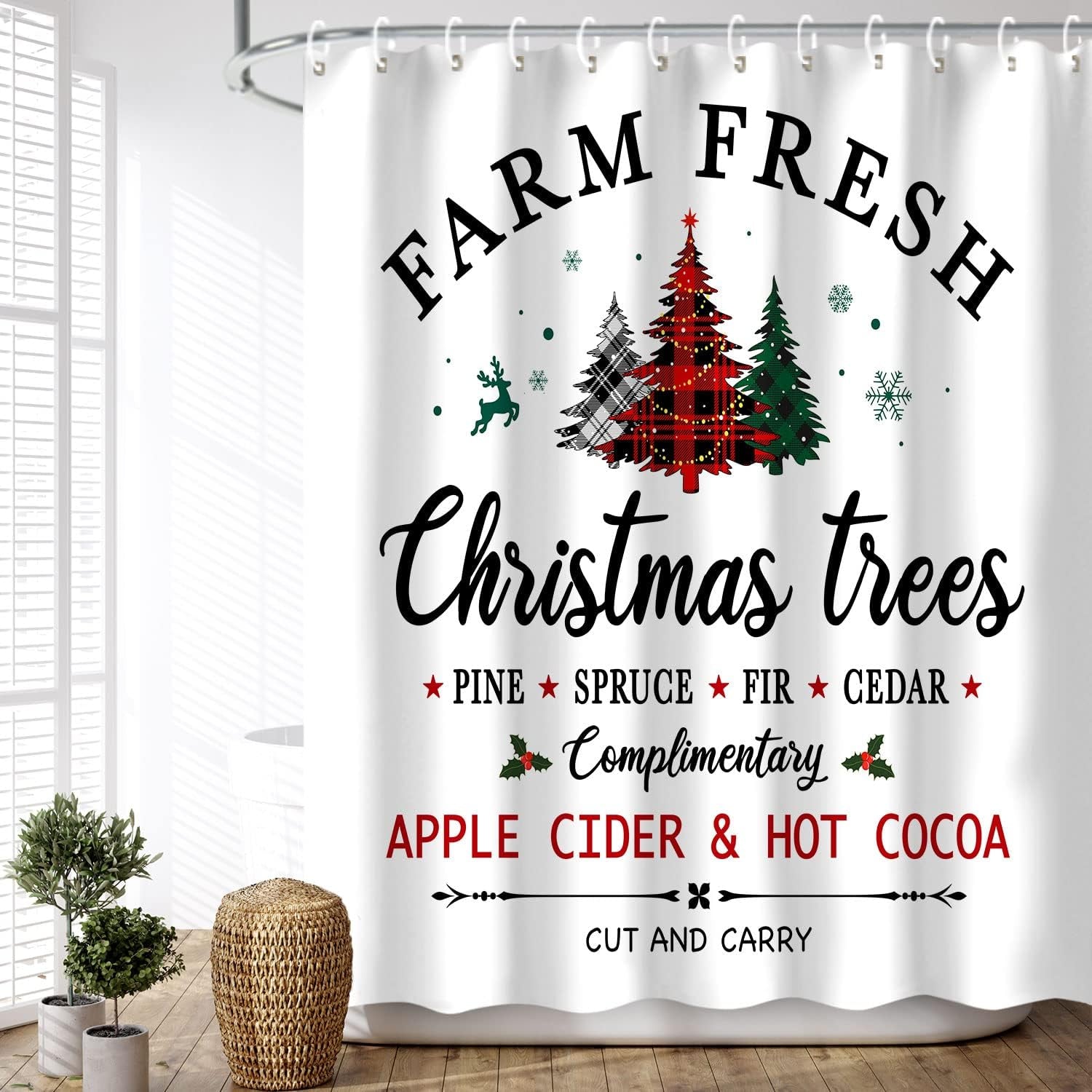Christmas Shower Curtain, Xmas Shower Curtains, Pine Tree Shower Curtain Set, Waterproof Christmas Bathroom Decor, Merry Shower Curtain, Farm Christmas Tree, 72''W X 72''H