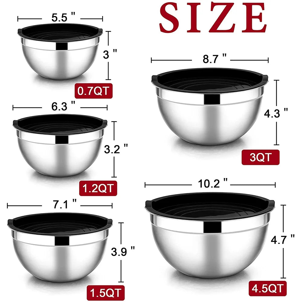 Mixing Bowls with Lids Set of 5,  Stainless Steel Mixing Bowls Metal Nesting Salad Bowls, Size 4.5, 3, 1.5, 1, 0.7 QT Great for Cooking, Baking, Serving - Black