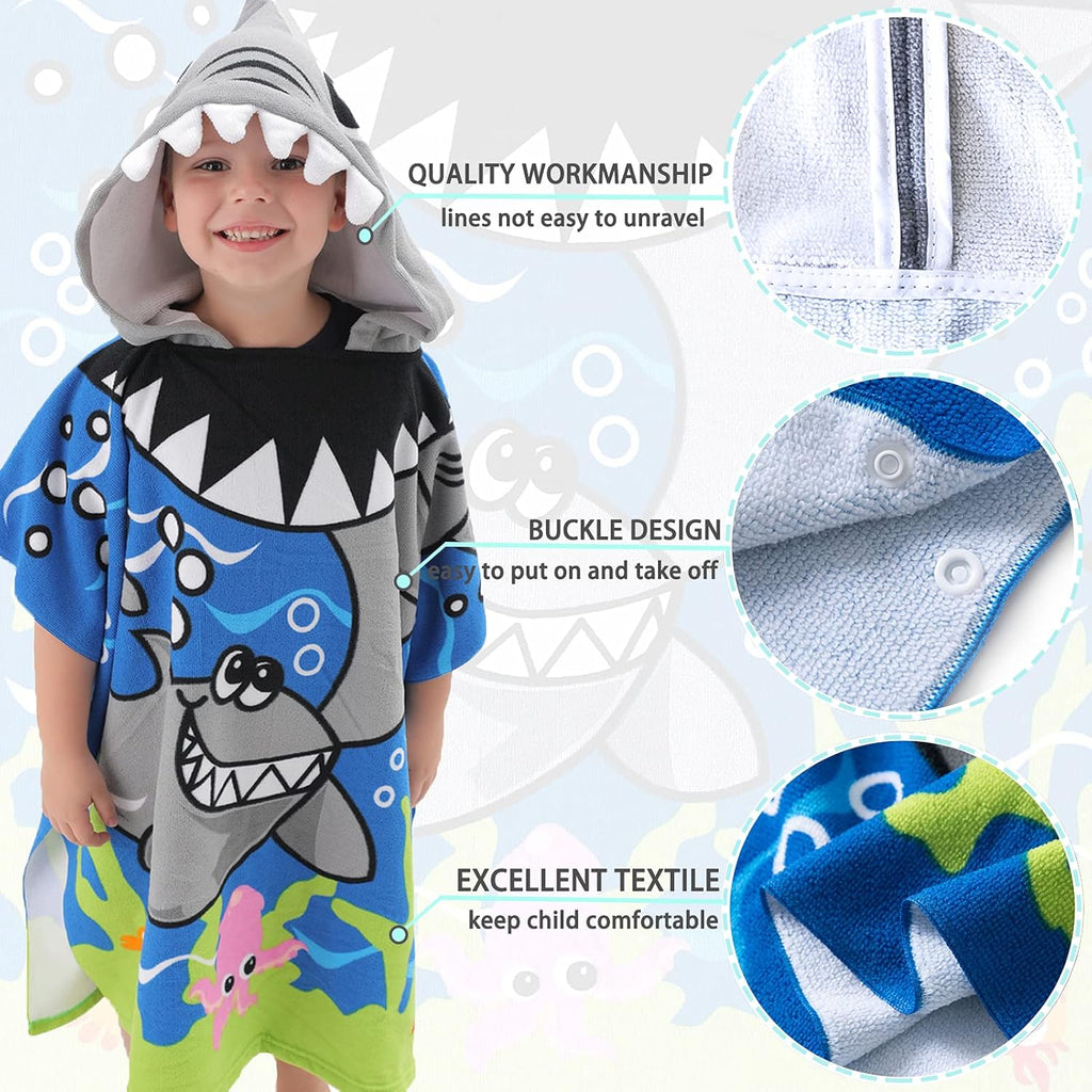 Kids Beach Towel for Boys Girls, Shark Hooded Bath Towel Wrap, Toddler Pool Towel with Hood