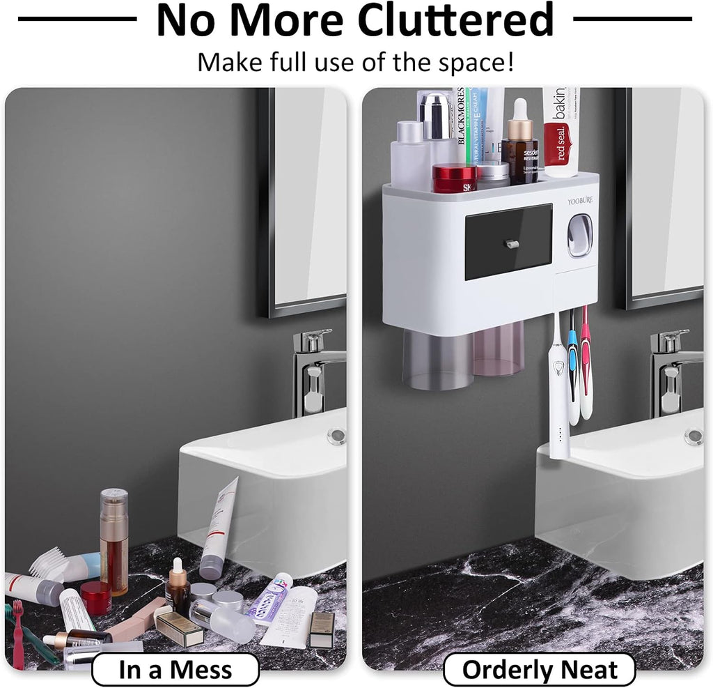 Toothbrush Holders Wall Mounted,  Automatic Toothpaste Dispenser Set for Bathrooms, Multifunctional Bathroom Organizer Holder with Cosmetic Drawer, 2 Magnetic Cups and 6 Toothbrush Slots
