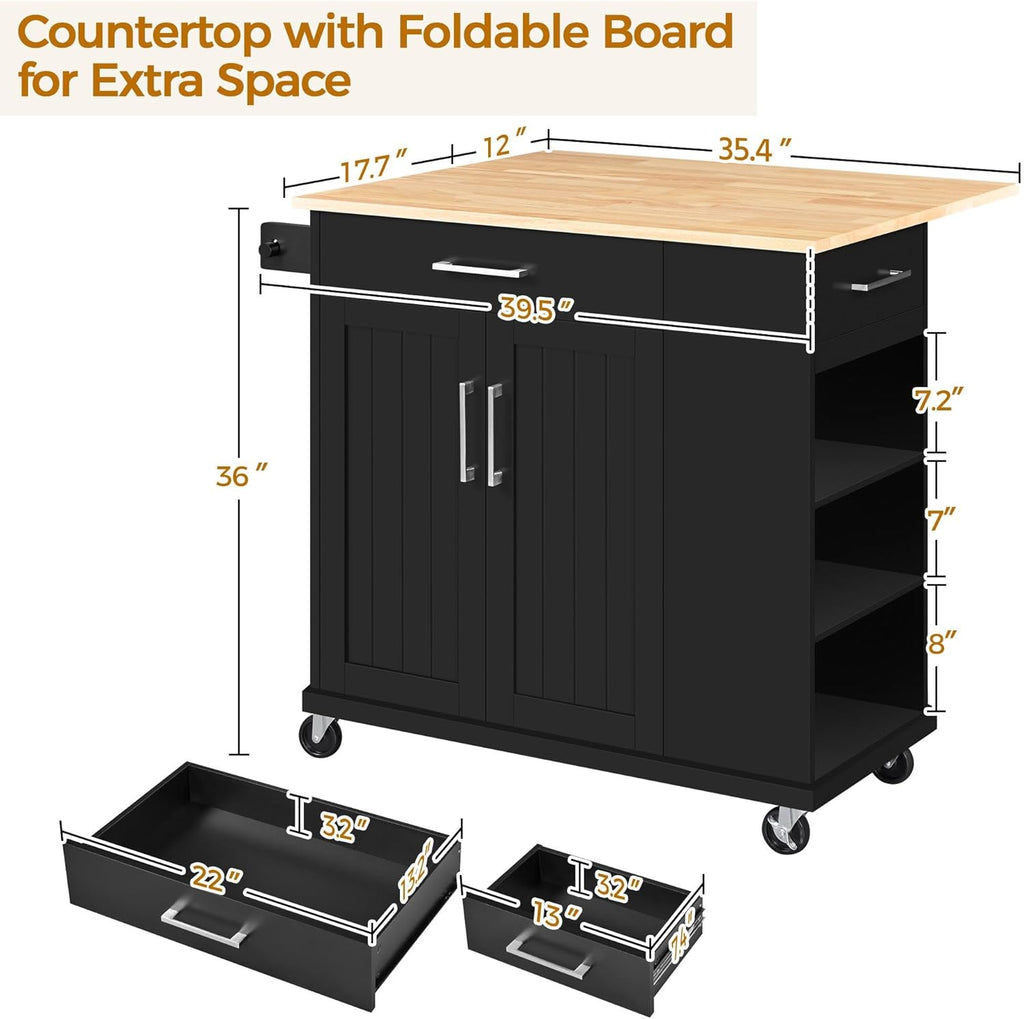 Rolling Kitchen Island Cart with Drop Leaf, Portable Rubberwood Breakfast Bar with Storage Cabinet, Open Shelves & Detachable Towel, 2 Drawers, Black