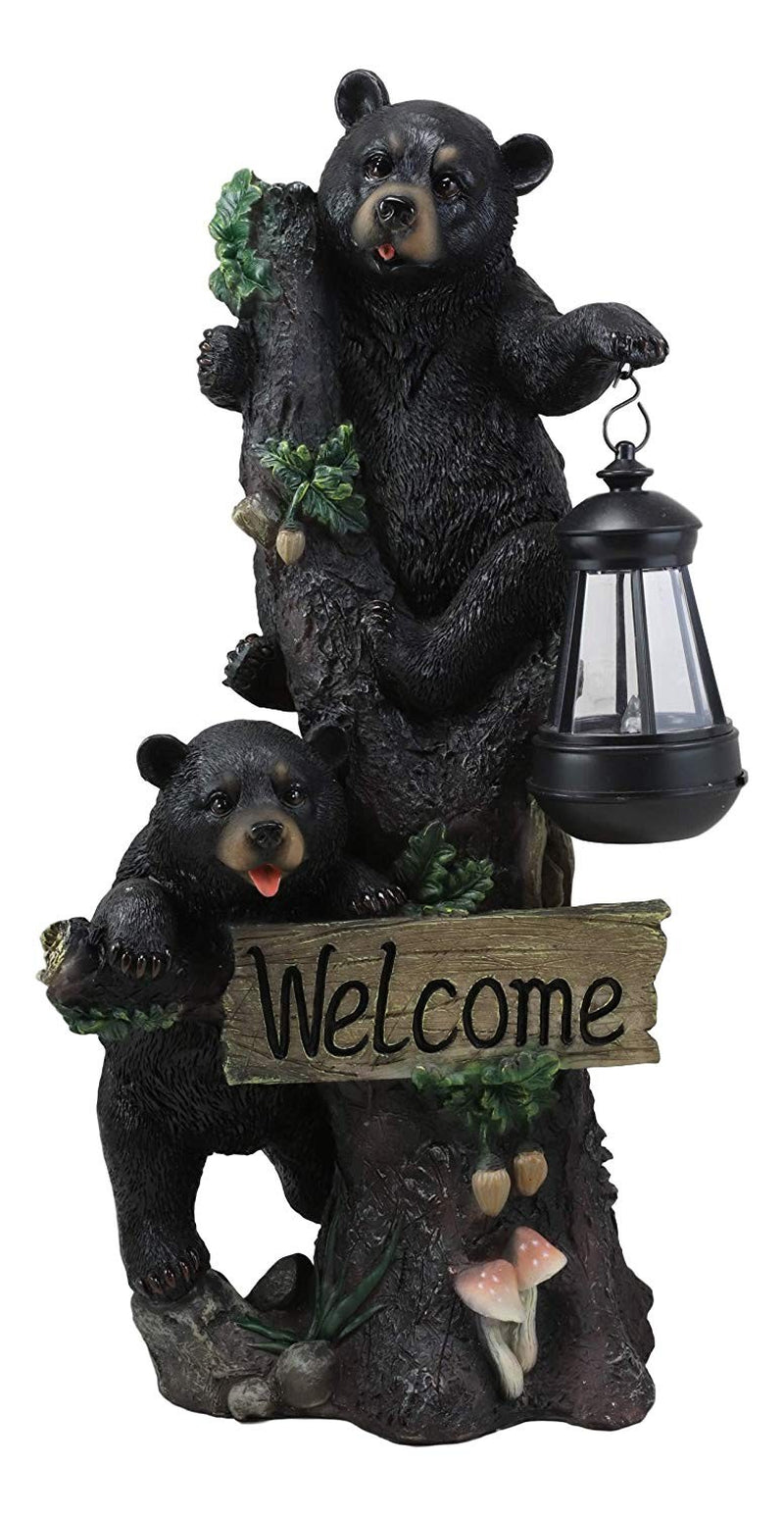 Climbing Black Bear Cubs Garden Light Welcome Statue Figurine Solar LED Lantern