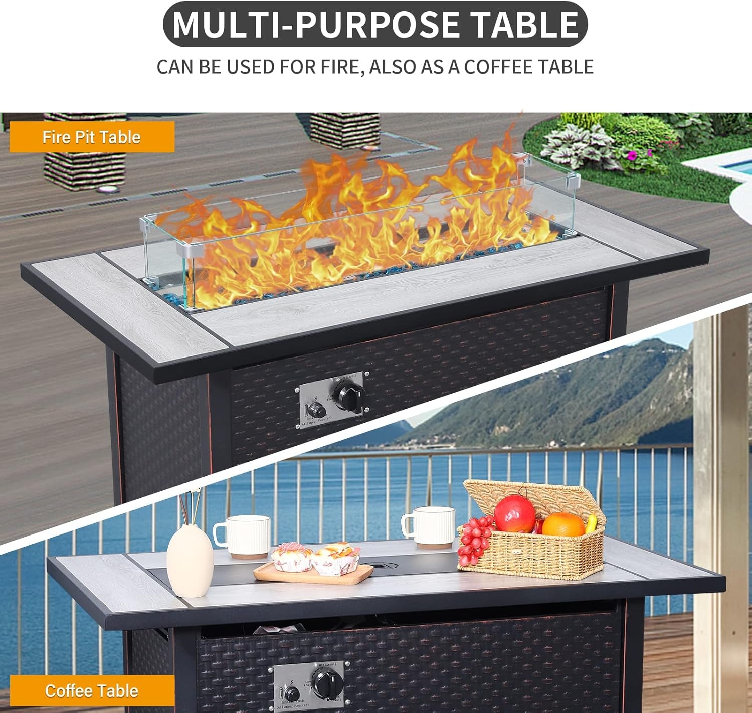 Outdoor Sectional Patio Furniture 45 in Fire Pit 9-Piece Patio Sectional Outdoor Furniture 60000 BTU Steel Propane Fire Pit Table Glass Wind Guard No-Slip 5" Cushions Waterproof Covers, Peacock Blue