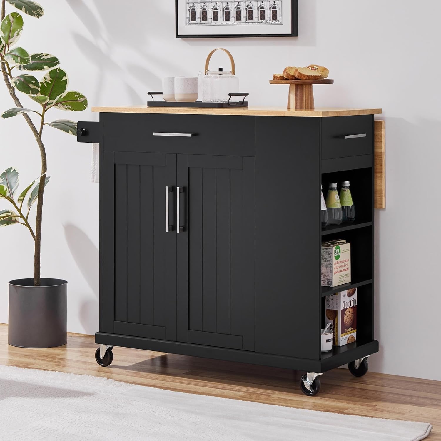 Rolling Kitchen Island Cart with Drop Leaf, Portable Rubberwood Breakfast Bar with Storage Cabinet, Open Shelves & Detachable Towel, 2 Drawers, Black