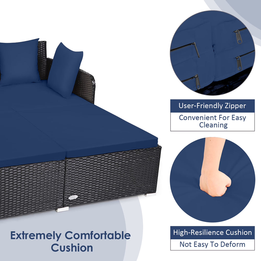 Outdoor Patio Rattan Daybed Pillows Cushioned Sofa Furniture Navy
