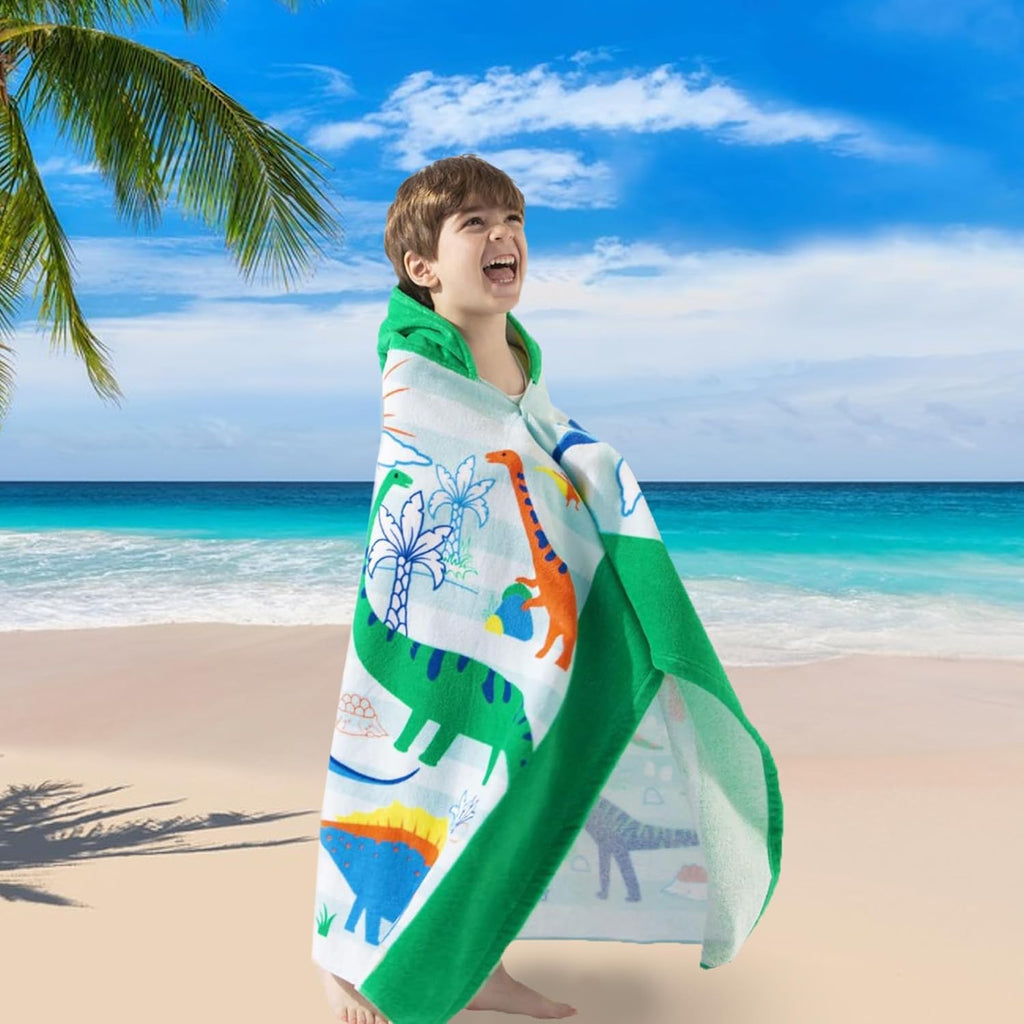 Dinosaur Hooded Beach Towel for Kids Age 3-8, Large 30"X50" 100% Cotton Ultra Absorbent Wearable Wrap, Bath Towel for Beach Pool Swim, Birthday Gift for Kids