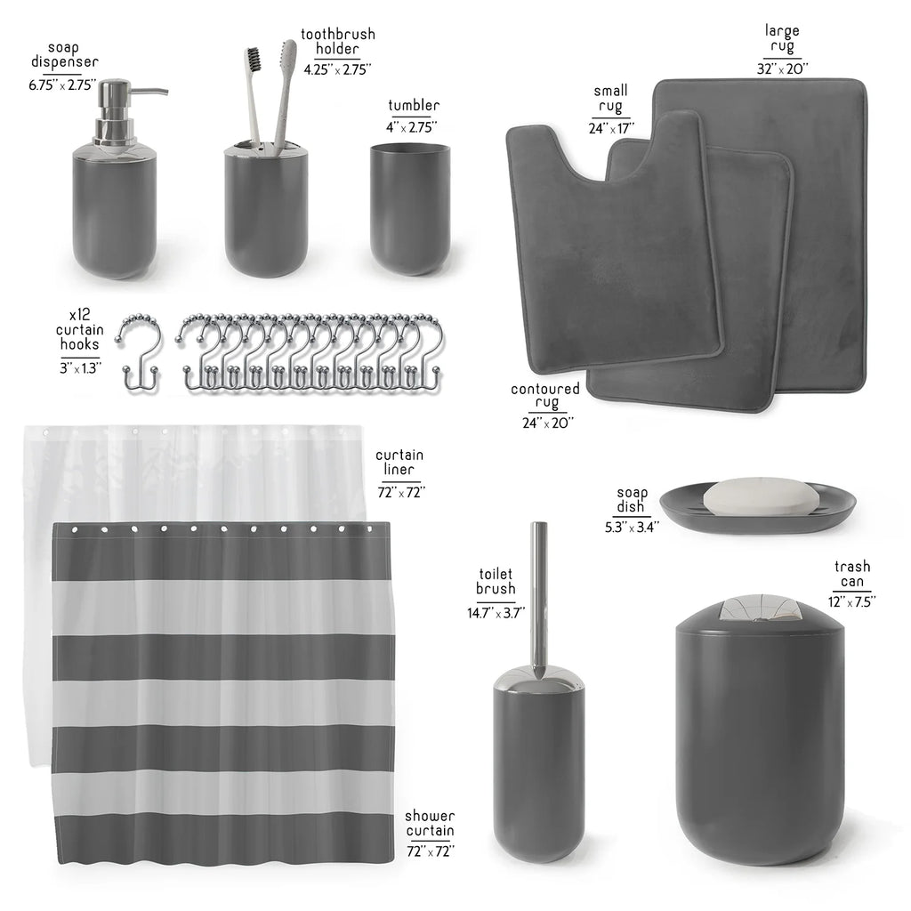 23 Piece Bathroom Accessory Gift Set, Bathroom Shower Curtain Set, and Bath Rug Set, Gray