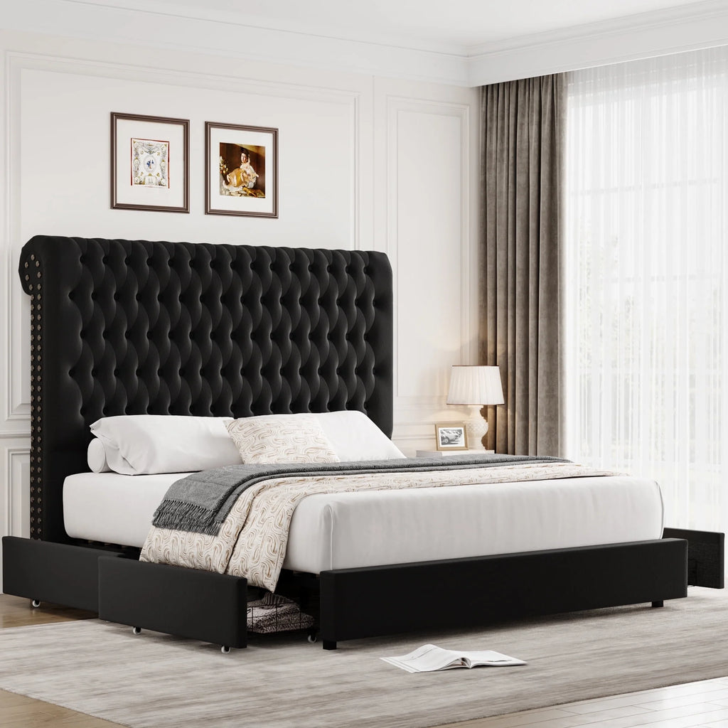 54.7" Tall Headboard Bed Frame, Queen Size Storage Bed with Tall Headboard, Tall Upholstered Bed with Footboard and Drawers, Black