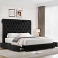54.7" Tall Headboard Bed Frame, Queen Size Storage Bed with Tall Headboard, Tall Upholstered Bed with Footboard and Drawers, Black