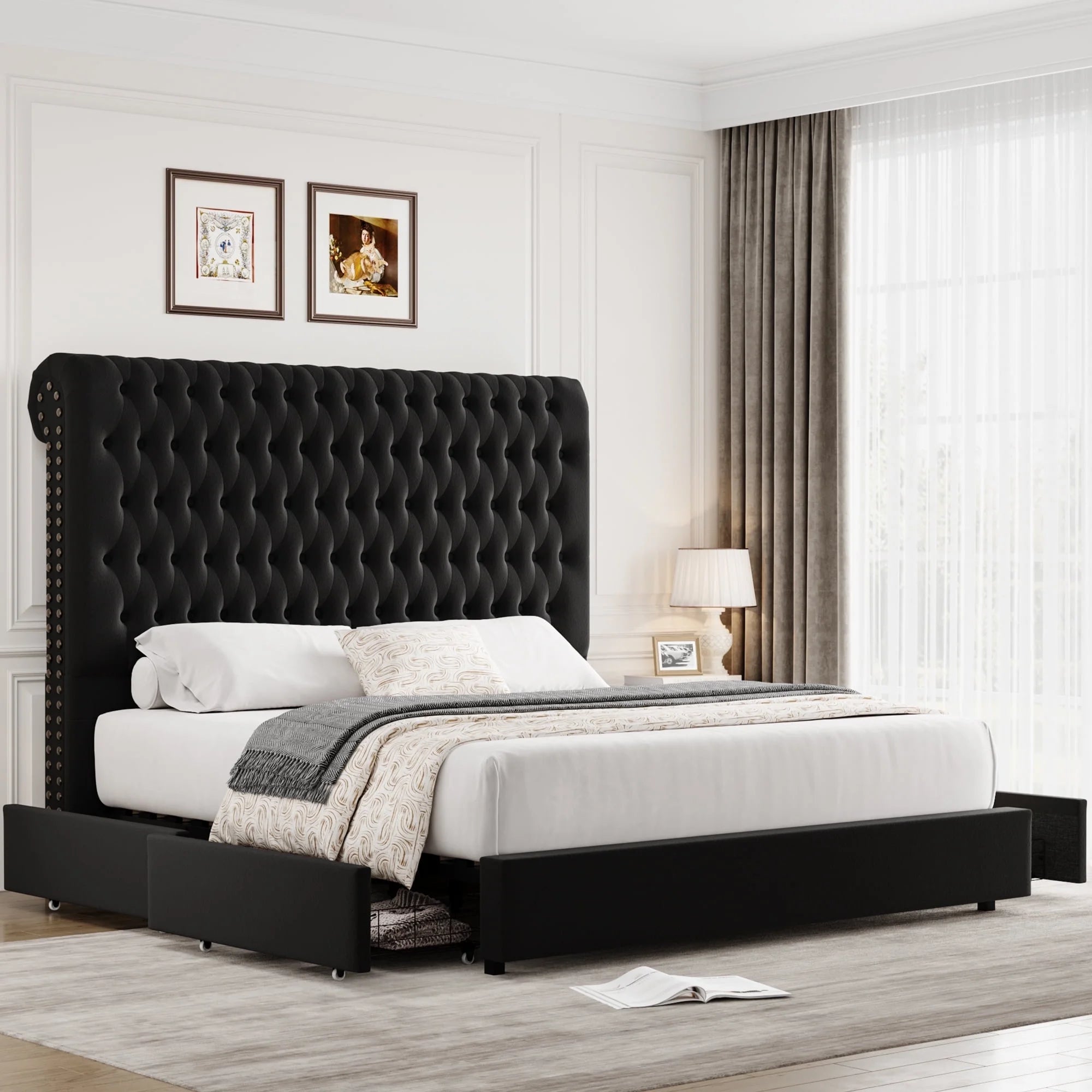 54.7" Tall Headboard Bed Frame, Queen Size Storage Bed with Tall Headboard, Tall Upholstered Bed with Footboard and Drawers, Black