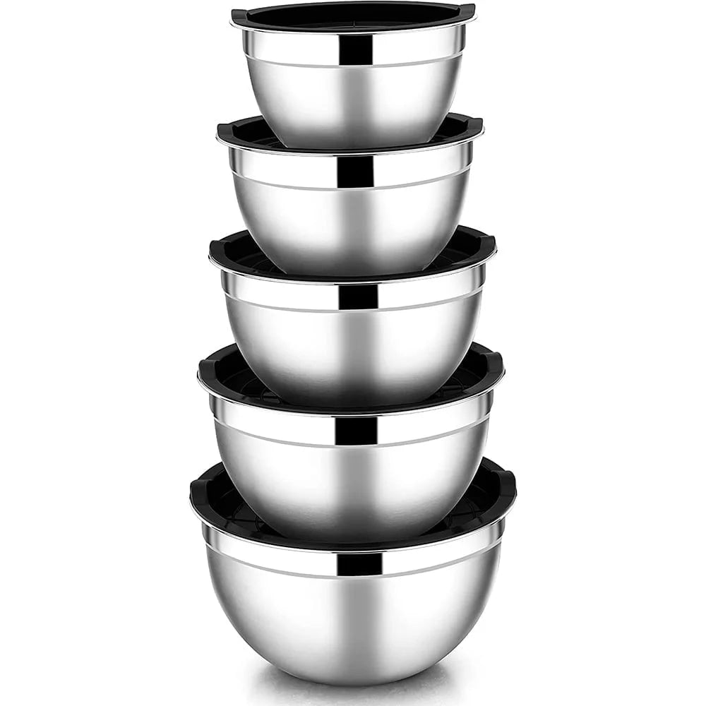 Mixing Bowls with Lids Set of 5,  Stainless Steel Mixing Bowls Metal Nesting Salad Bowls, Size 4.5, 3, 1.5, 1, 0.7 QT Great for Cooking, Baking, Serving - Black