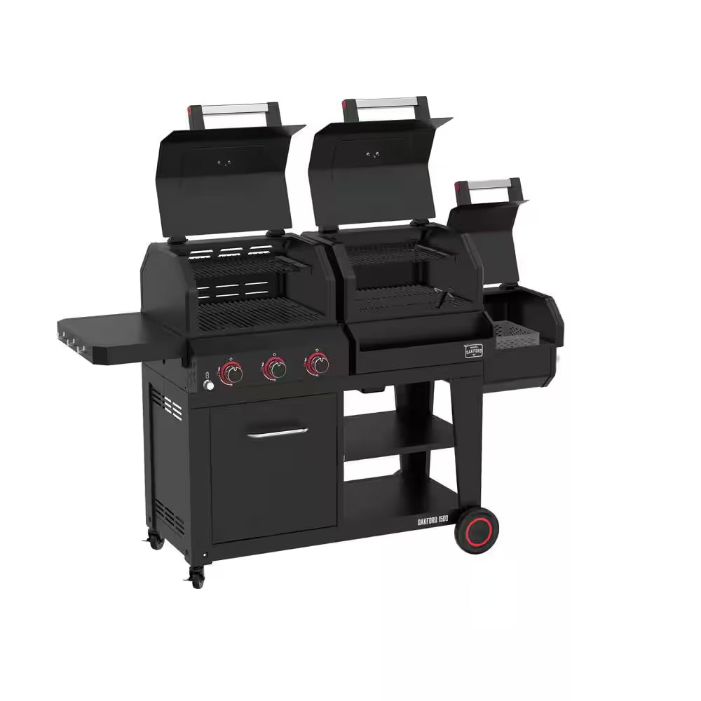 Oakford 1150 Pro 3-Burner Propane Gas and Offset Charcoal Smoker Combo Grill in Black