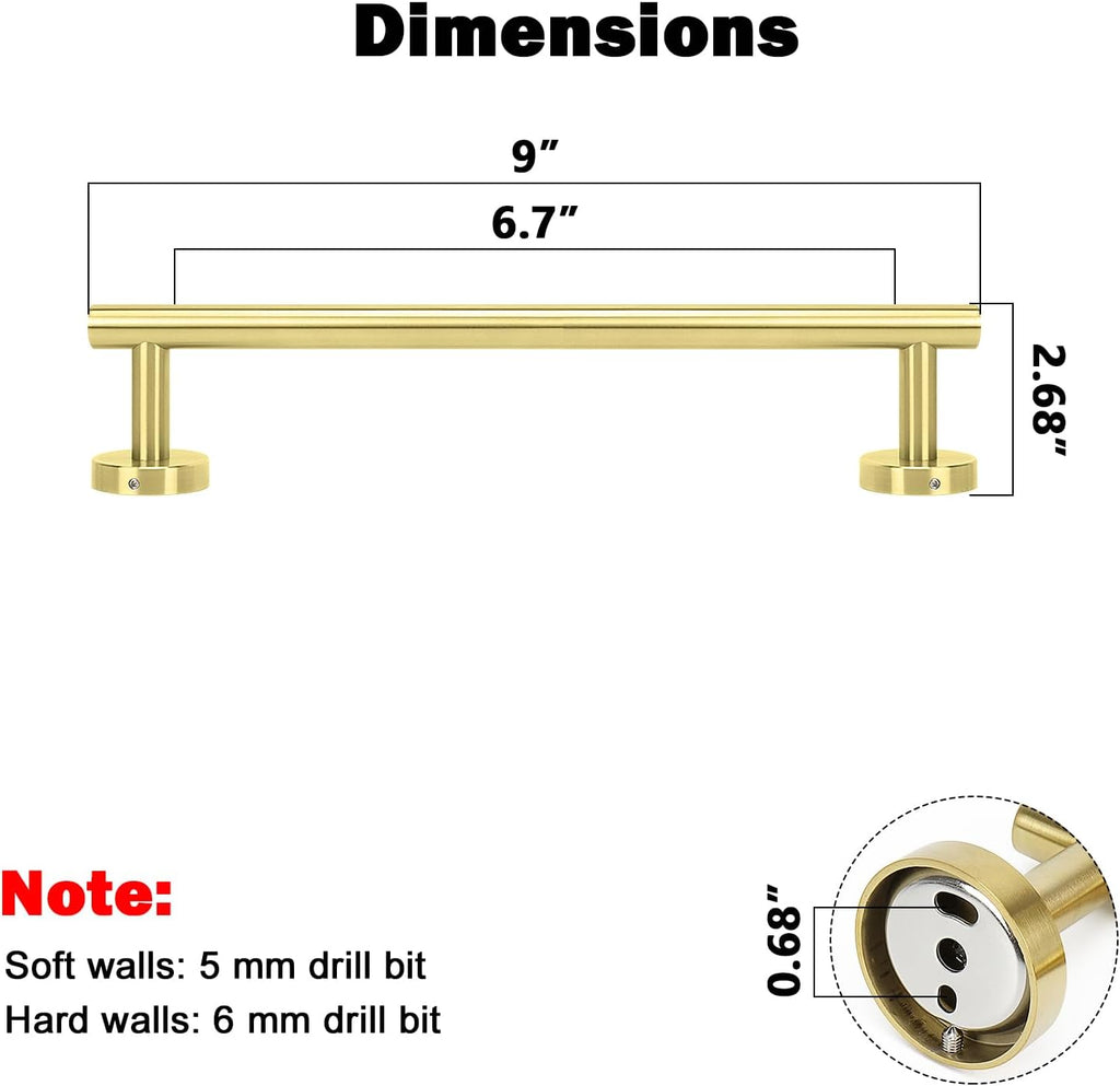 Bath Towel Bar, Thicken Stainless Steel Shower Towel Rack Holder Wall Mounted for Bathroom, 9-Lnch Overall Length-7-Lnch Usable Hanging Space (1 Pack, Brushed Gold)