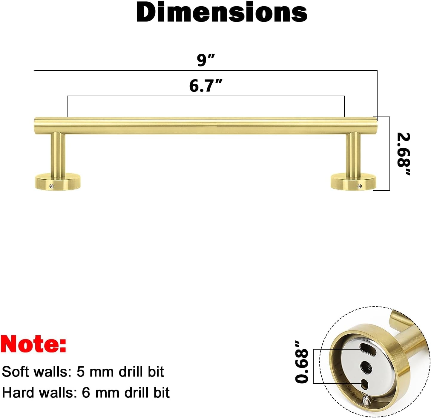 Bath Towel Bar, Thicken Stainless Steel Shower Towel Rack Holder Wall Mounted for Bathroom, 9-Lnch Overall Length-7-Lnch Usable Hanging Space (1 Pack, Brushed Gold)