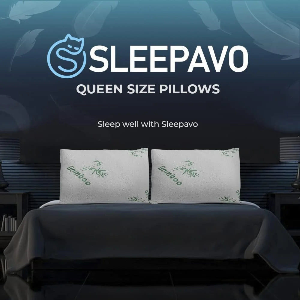 Memory Foam Pillows Queen Size Set of 2 - Cooling Bed Pillows for Sleeping - Back, Stomach, Side Sleeper Firm, Comfy Cool Shredded - 2 Pack, Rayon Derived from Bamboo for Adult, Teen, Kids