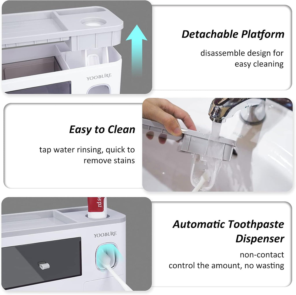 Toothbrush Holders Wall Mounted,  Automatic Toothpaste Dispenser Set for Bathrooms, Multifunctional Bathroom Organizer Holder with Cosmetic Drawer, 2 Magnetic Cups and 6 Toothbrush Slots