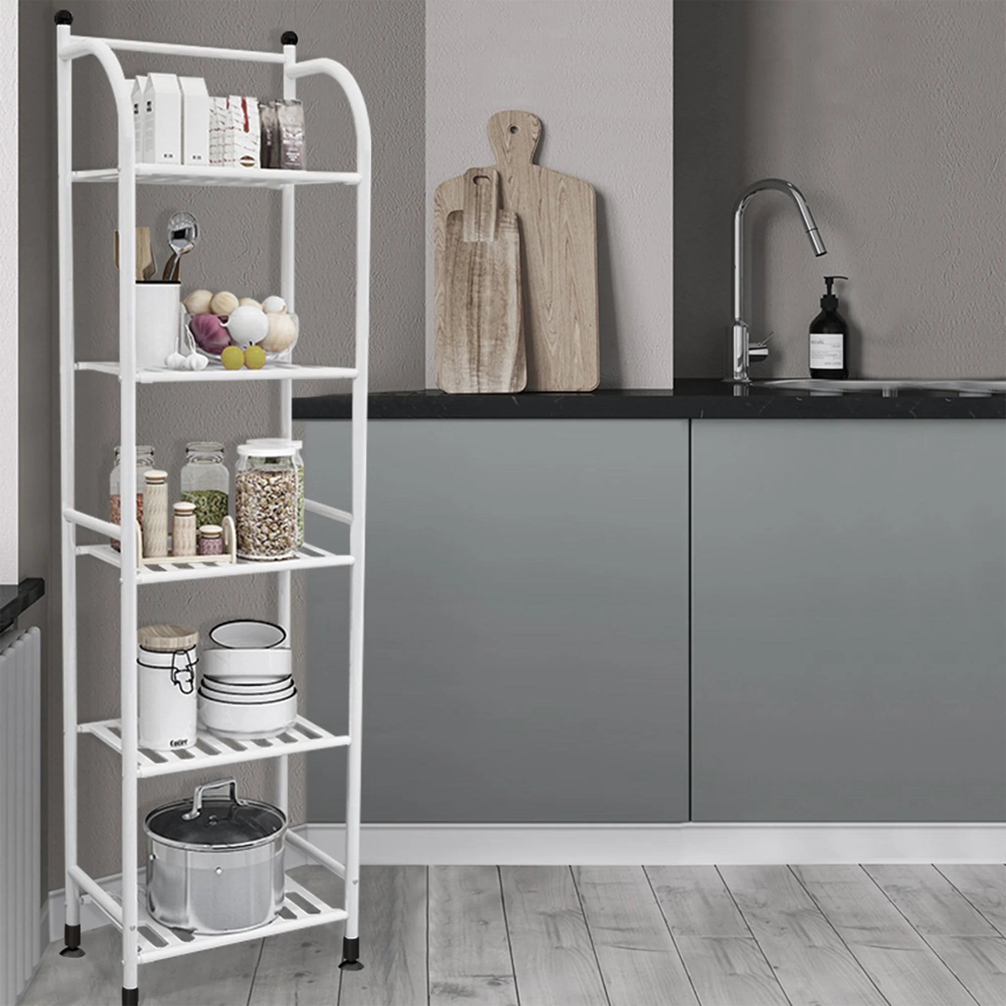 5 Tier Freestanding Metal Shelf Open Bathroom Shelf for Bathroom Storage White
