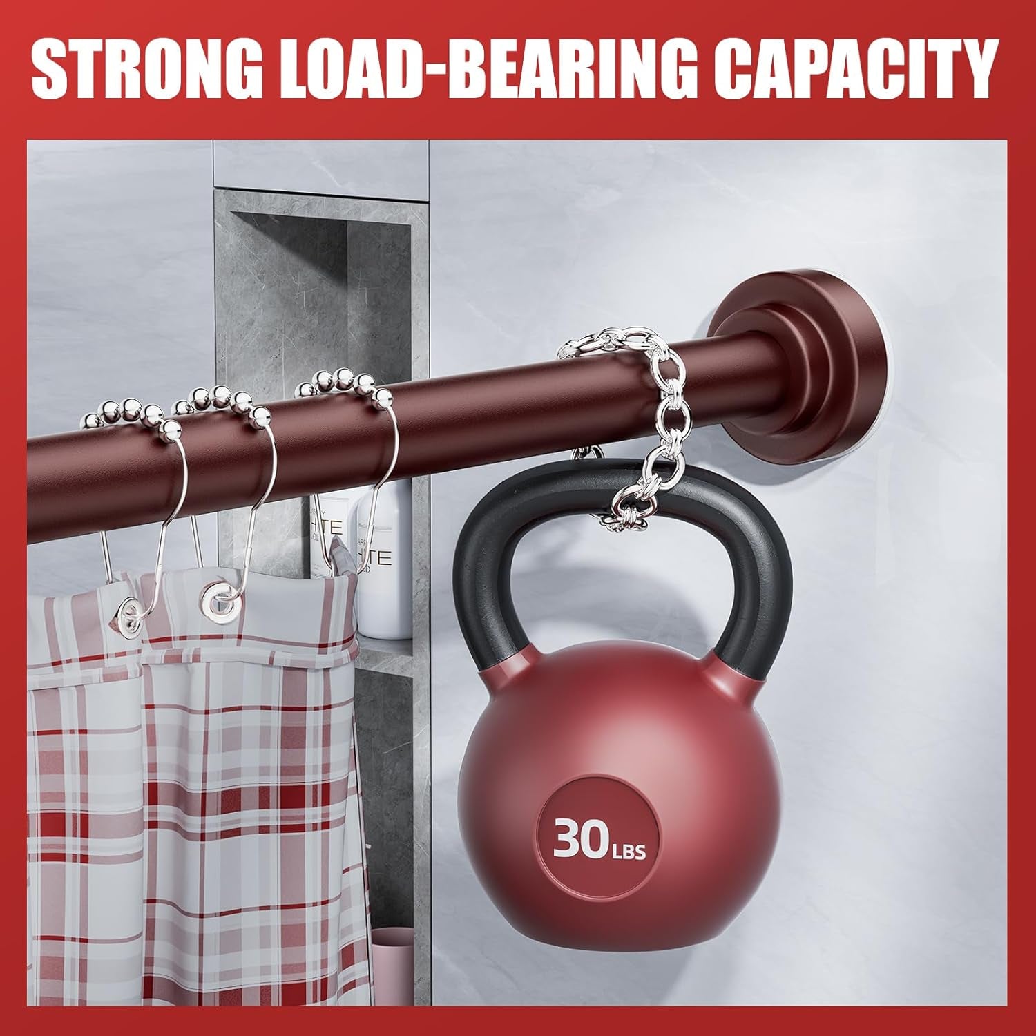 Shower Curtain Rod - 32-43 Inch Rustproof Tension Rod, Non-Slip Spring Design, No Drilling Adjustable Curtain Rod for Bathroom, Kitchen, and Closet（Brown）